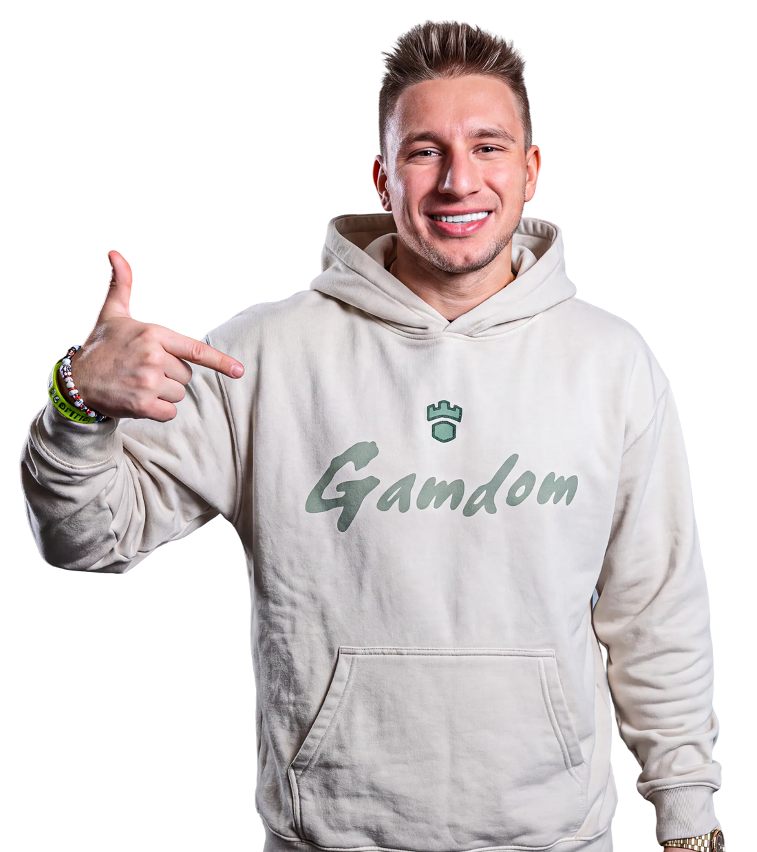 SteveWillDoIt pointing at the Gamdom logo on his hoodie